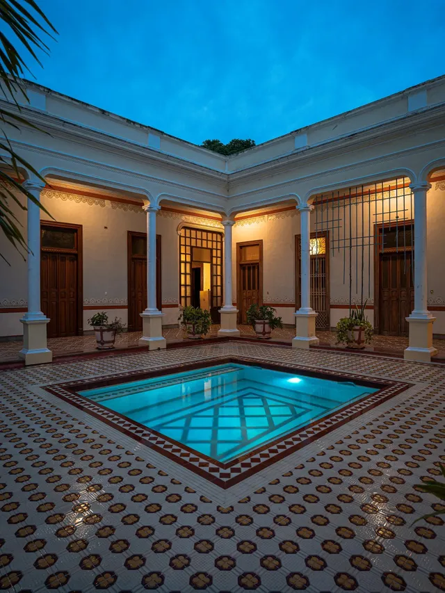 Patio central de Casona Cicero con su alberca iluminada al anochecer