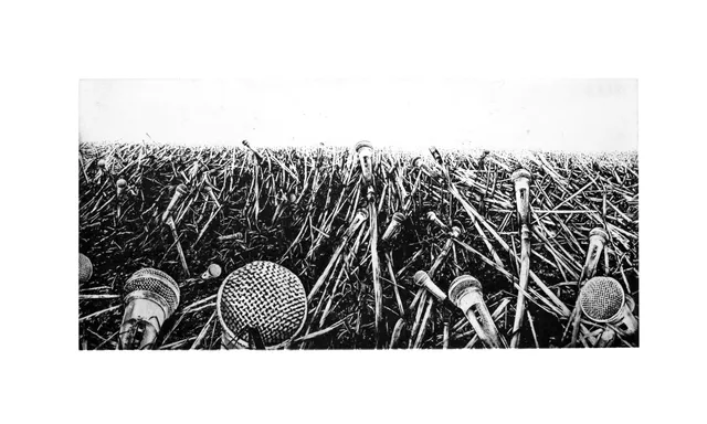 Grabado de Tente: campo de caña con micrófonos