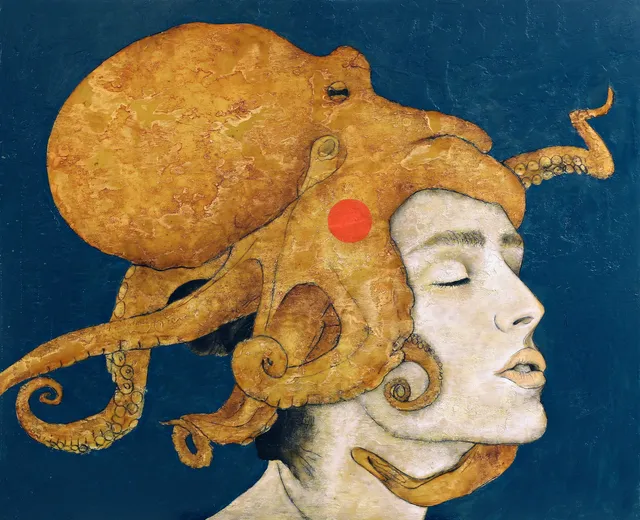 Pintura de Javier Barrera: perfil de mujer con un pulpo dorado en la cabeza