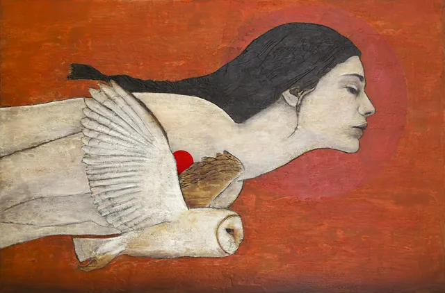 Pintura de Javier Barrera: mujer y lechuza sobre fondo rojo