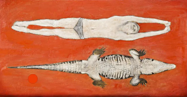 Pintura de Javier Barrera: figura humana y esqueleto de cocodrilo sobre fondo rojo