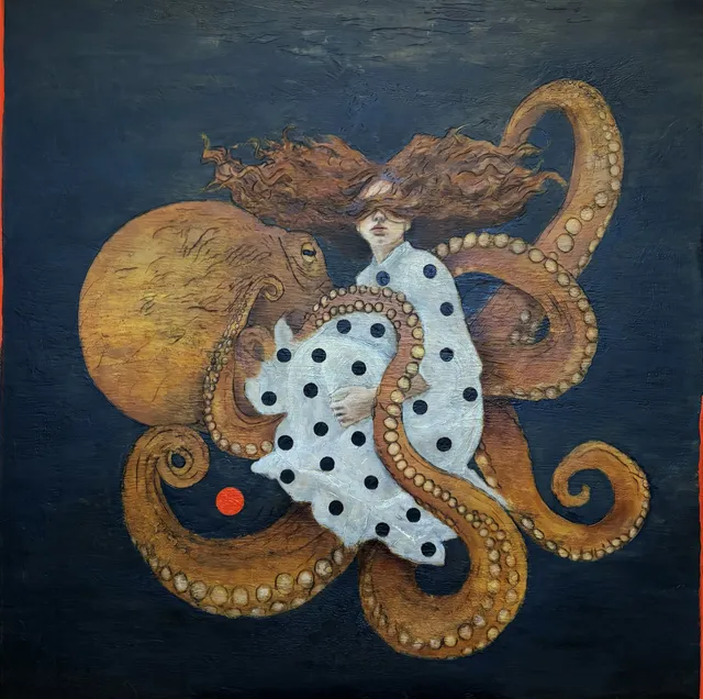 Pintura de Javier Barrera: mujer de vestido de lunares rodeada por un pulpo