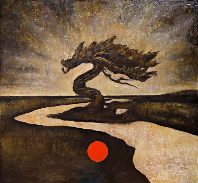 Pintura de Javier Barrera: árbol retorcido junto a un río y un círculo rojo
