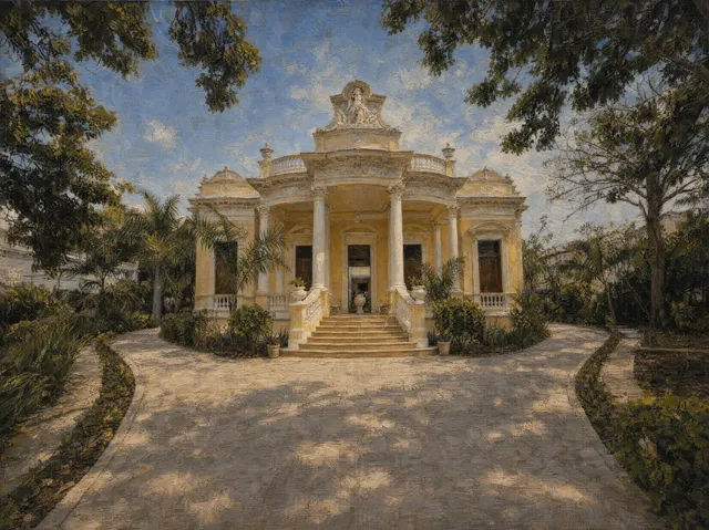 Pintura de la fachada de Casona Cicero entre árboles