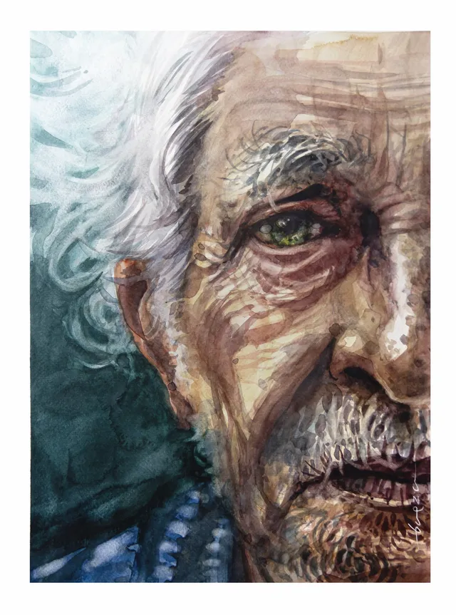 Retrato pintado por Rodolfo Baeza, de la serie «Cortezas»: persona mayor pintada en pinceladas fragmentadas
