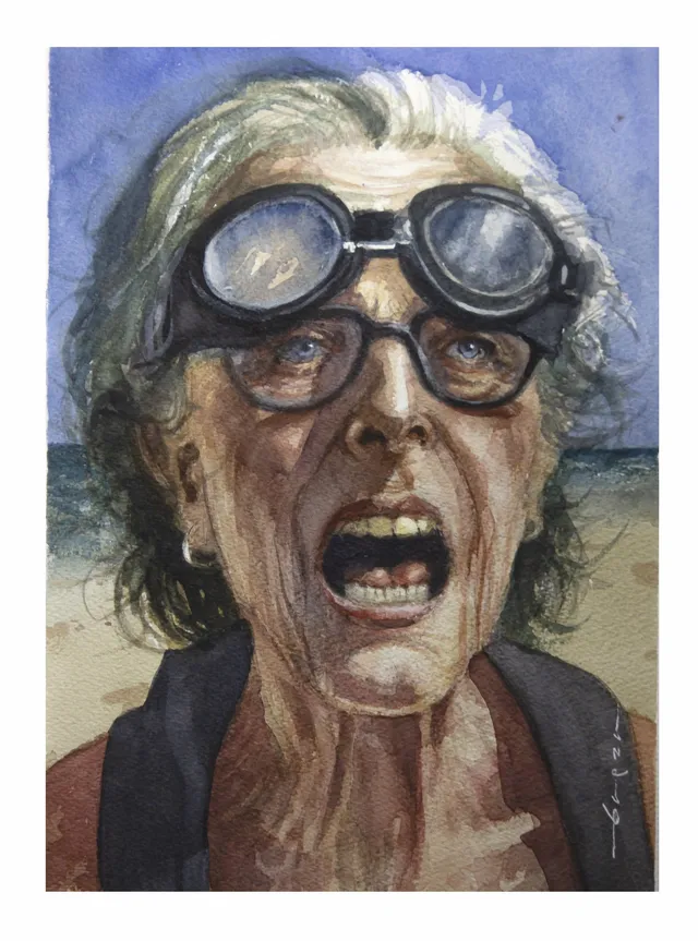 Retrato pintado por Rodolfo Baeza, de la serie «Cortezas»: mujer con goggles pintada en pinceladas fragmentadas
