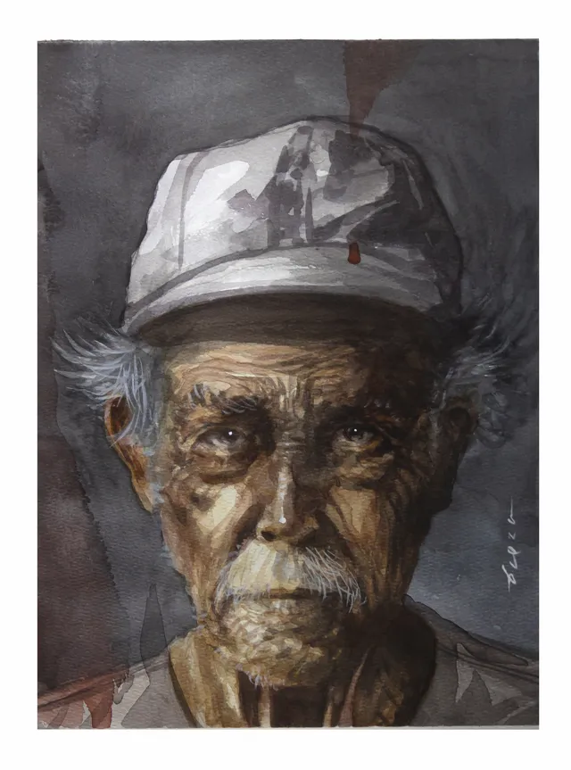 Retrato pintado por Rodolfo Baeza, de la serie «Cortezas»: persona mayor pintada en pinceladas fragmentadas
