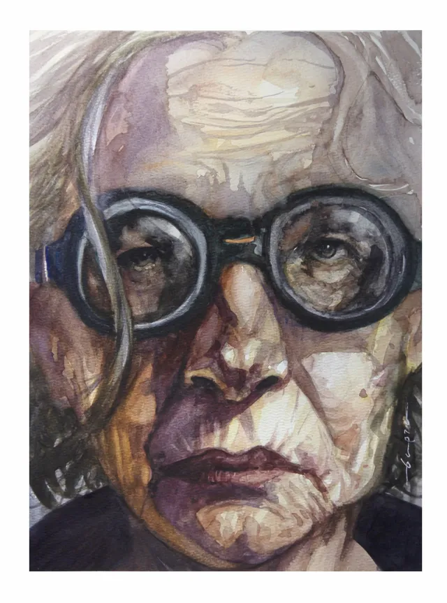 Retrato pintado por Rodolfo Baeza, de la serie «Cortezas»: mujer con goggles pintada en pinceladas fragmentadas
