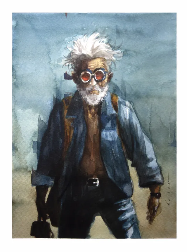 Retrato pintado por Rodolfo Baeza, de la serie «Cortezas»: hombre de cuerpo entero pintado en pinceladas fragmentadas