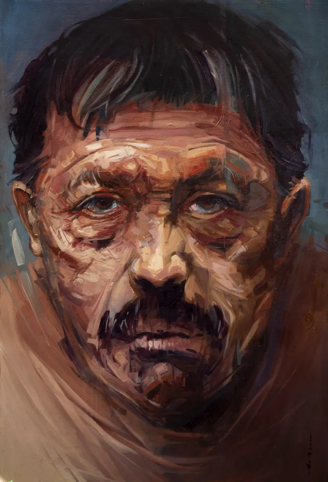 Retrato pintado por Rodolfo Baeza: rostro de hombre de bigote