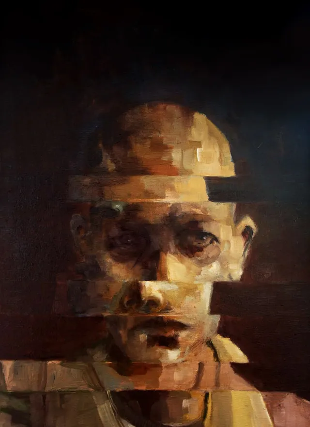 Retrato pintado por Rodolfo Baeza: rostro que se deshace en bloques de color