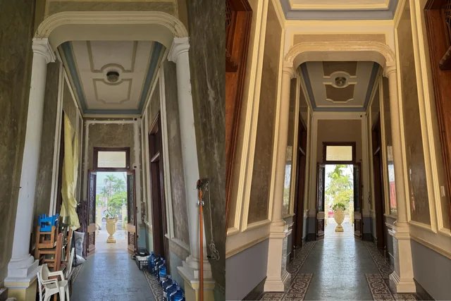 Antes y después del pasillo principal, con muros restaurados y piso oscuro